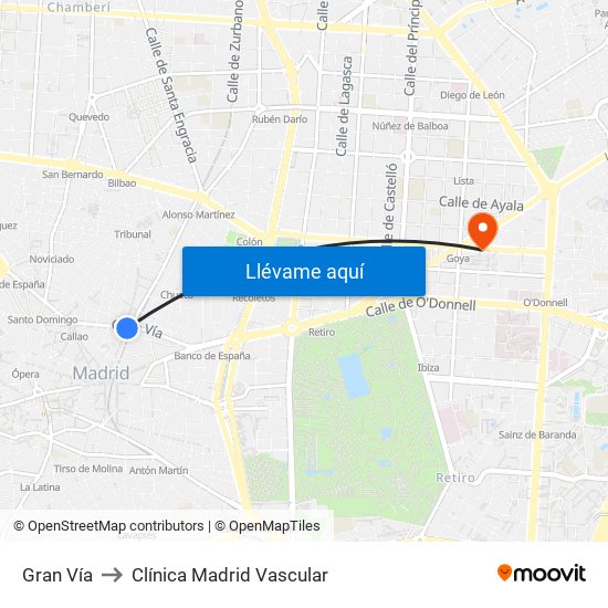 Gran Vía to Clínica Madrid Vascular map