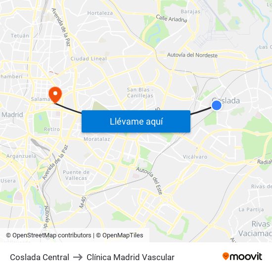 Coslada Central to Clínica Madrid Vascular map