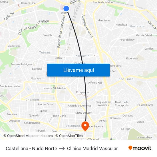 Castellana - Nudo Norte to Clínica Madrid Vascular map
