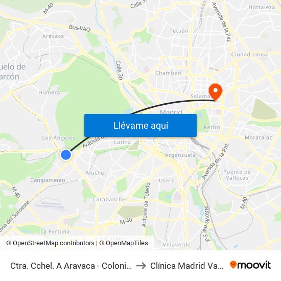 Ctra. Cchel. A Aravaca - Colonia Jardín to Clínica Madrid Vascular map