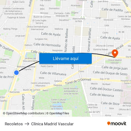 Recoletos to Clínica Madrid Vascular map