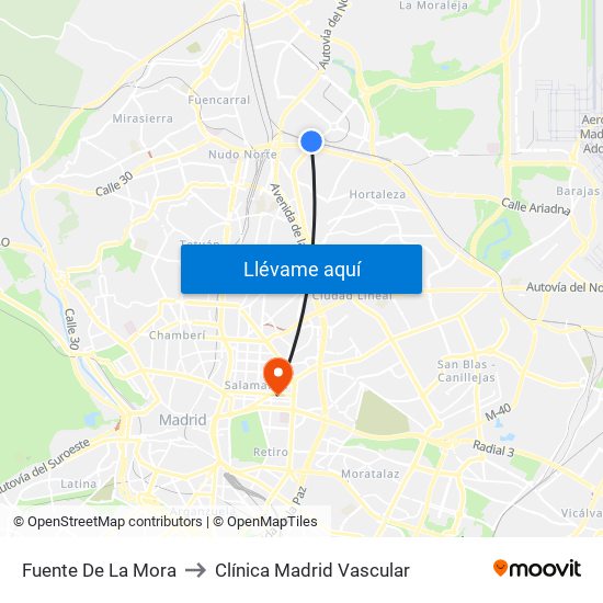 Fuente De La Mora to Clínica Madrid Vascular map