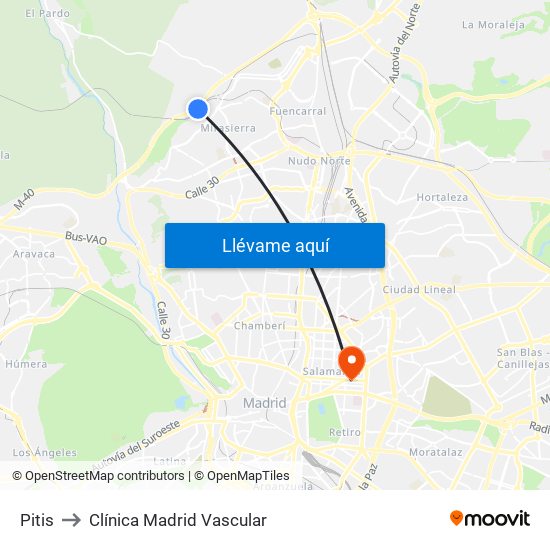 Pitis to Clínica Madrid Vascular map