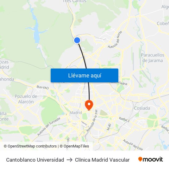Cantoblanco Universidad to Clínica Madrid Vascular map