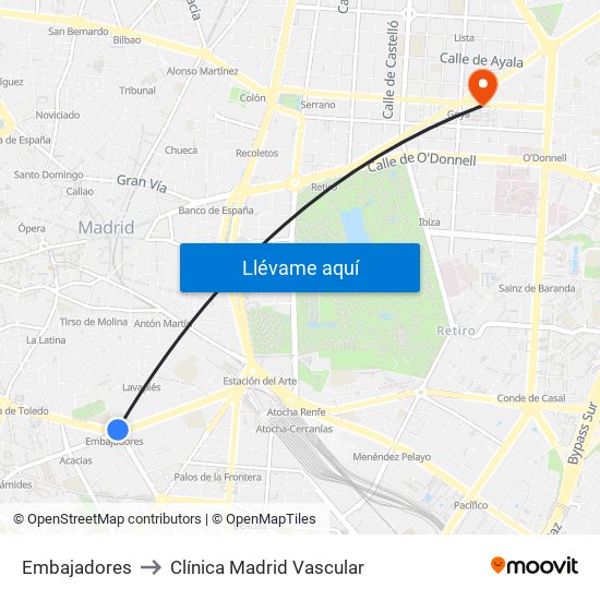 Embajadores to Clínica Madrid Vascular map