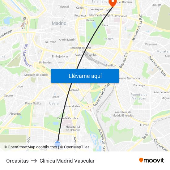 Orcasitas to Clínica Madrid Vascular map