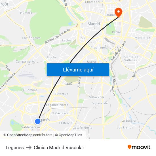 Leganés to Clínica Madrid Vascular map