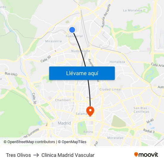 Tres Olivos to Clínica Madrid Vascular map