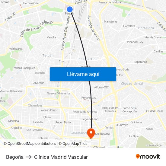 Begoña to Clínica Madrid Vascular map