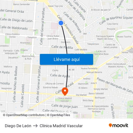 Diego De León to Clínica Madrid Vascular map