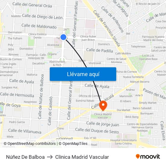 Núñez De Balboa to Clínica Madrid Vascular map