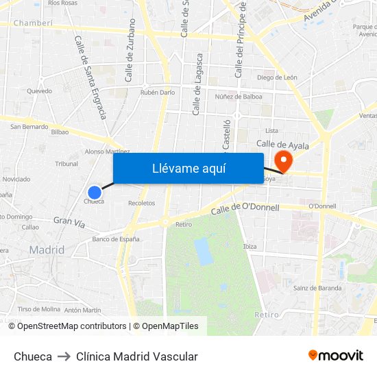 Chueca to Clínica Madrid Vascular map
