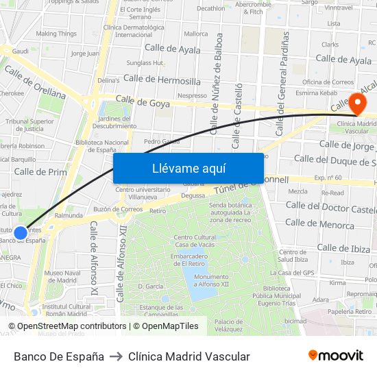 Banco De España to Clínica Madrid Vascular map