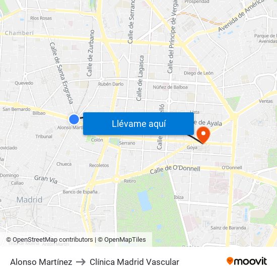 Alonso Martínez to Clínica Madrid Vascular map