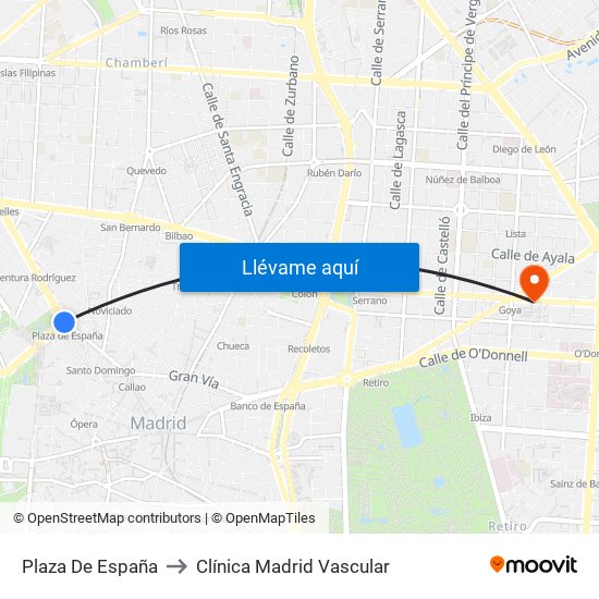 Plaza De España to Clínica Madrid Vascular map