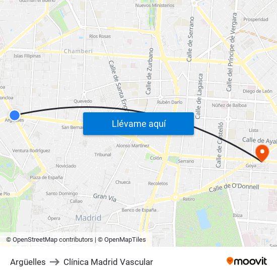 Argüelles to Clínica Madrid Vascular map