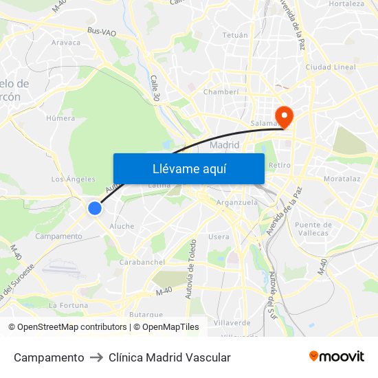 Campamento to Clínica Madrid Vascular map