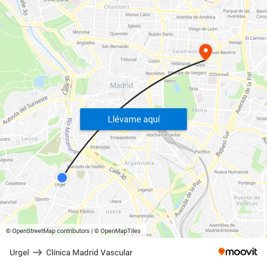 Urgel to Clínica Madrid Vascular map