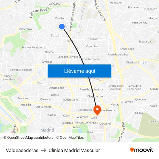 Valdeacederas to Clínica Madrid Vascular map