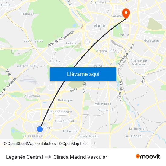 Leganés Central to Clínica Madrid Vascular map