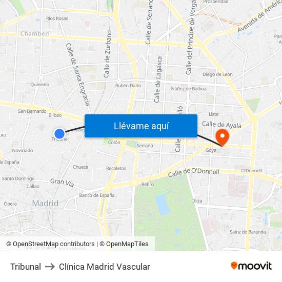 Tribunal to Clínica Madrid Vascular map