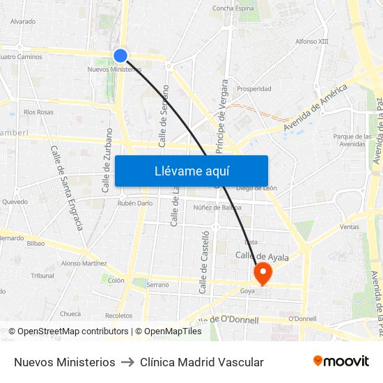 Nuevos Ministerios to Clínica Madrid Vascular map