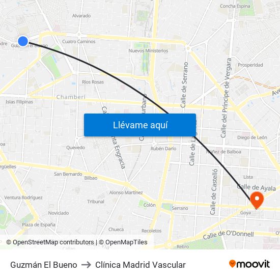 Guzmán El Bueno to Clínica Madrid Vascular map