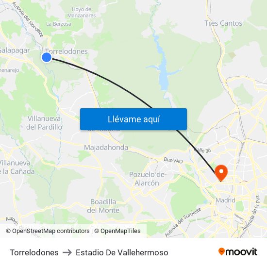 Torrelodones to Estadio De Vallehermoso map