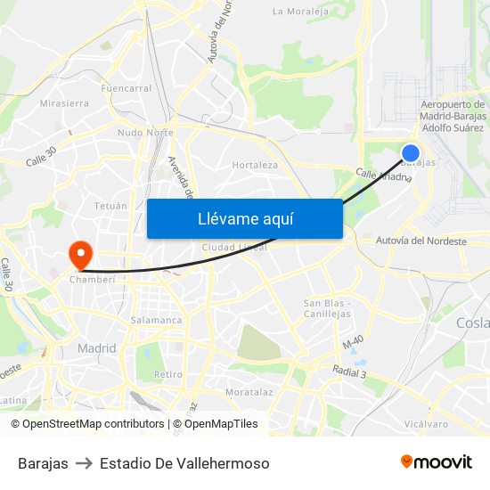 Barajas to Estadio De Vallehermoso map