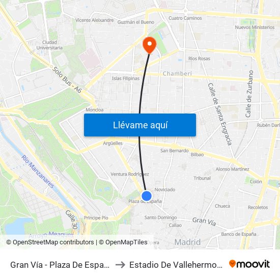 Gran Vía - Plaza De España to Estadio De Vallehermoso map