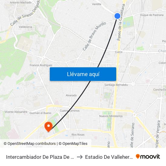 Intercambiador De Plaza De Castilla to Estadio De Vallehermoso map