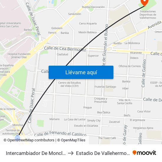 Intercambiador De Moncloa to Estadio De Vallehermoso map