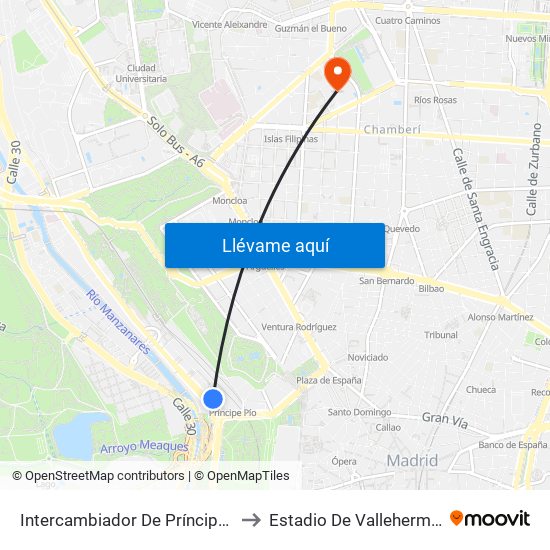 Intercambiador De Príncipe Pío to Estadio De Vallehermoso map