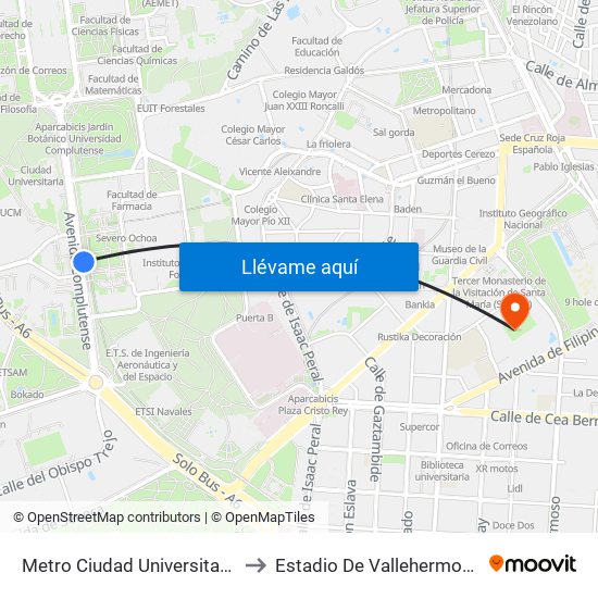 Metro Ciudad Universitaria to Estadio De Vallehermoso map