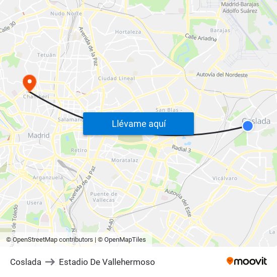 Coslada to Estadio De Vallehermoso map