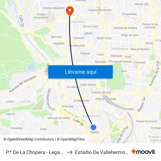 P.º De La Chopera - Legazpi to Estadio De Vallehermoso map