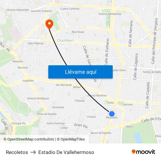 Recoletos to Estadio De Vallehermoso map