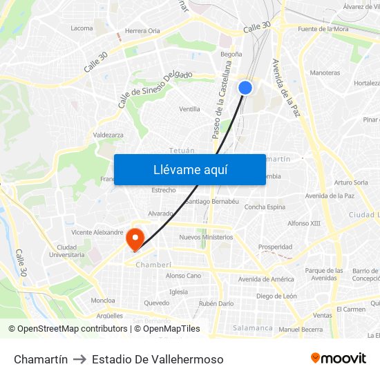 Chamartín to Estadio De Vallehermoso map