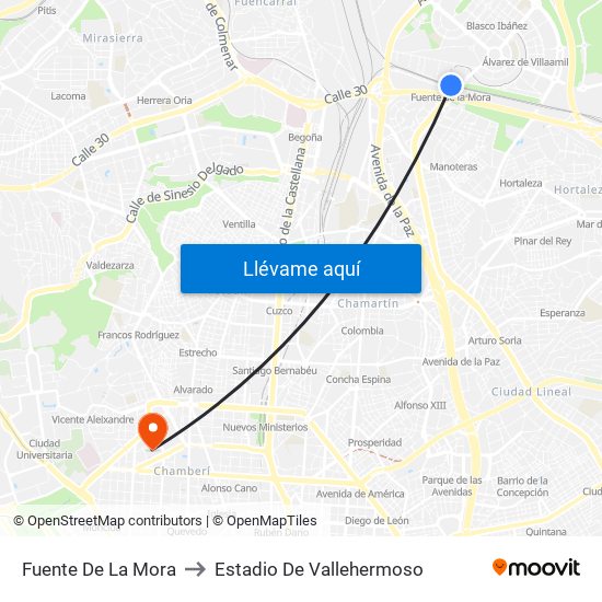 Fuente De La Mora to Estadio De Vallehermoso map