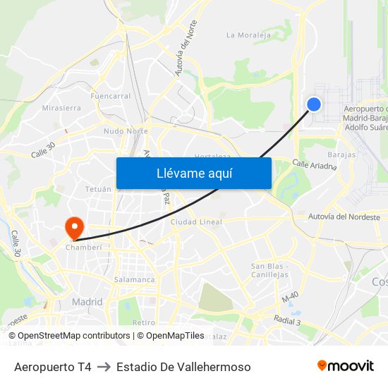 Aeropuerto T4 to Estadio De Vallehermoso map