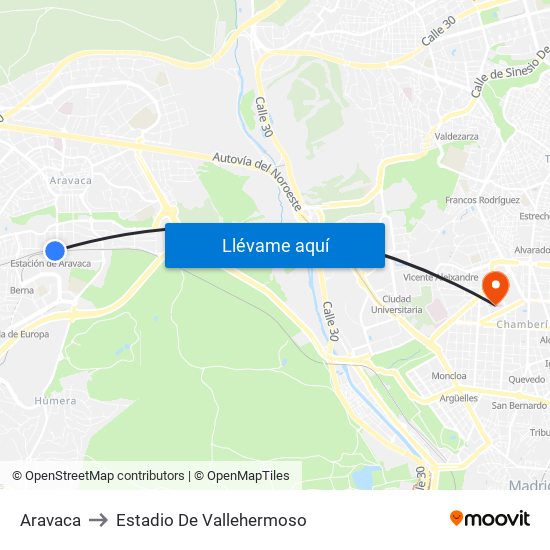 Aravaca to Estadio De Vallehermoso map