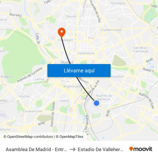 Asamblea De Madrid - Entrevías to Estadio De Vallehermoso map