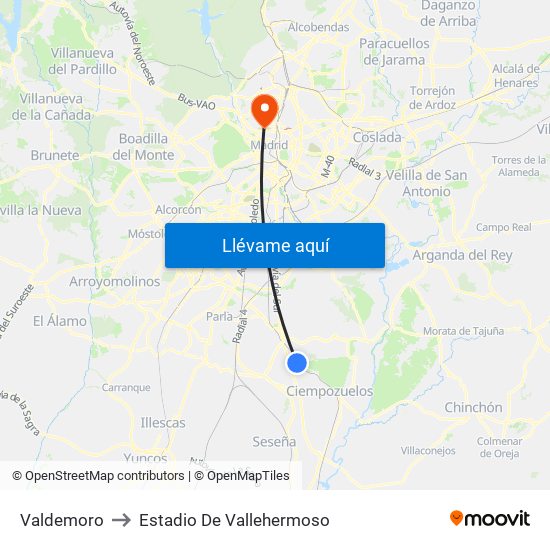 Valdemoro to Estadio De Vallehermoso map