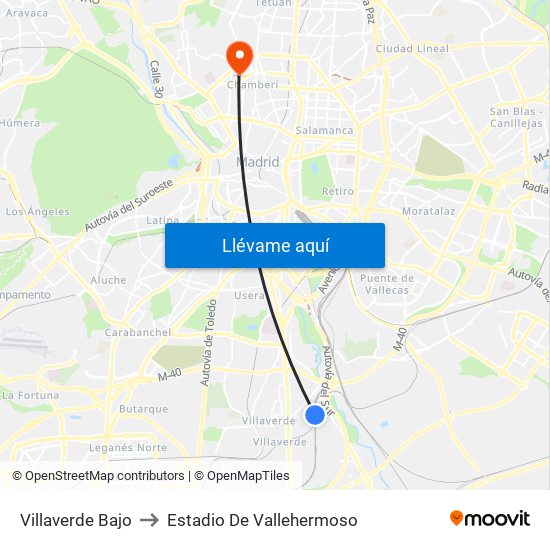 Villaverde Bajo to Estadio De Vallehermoso map