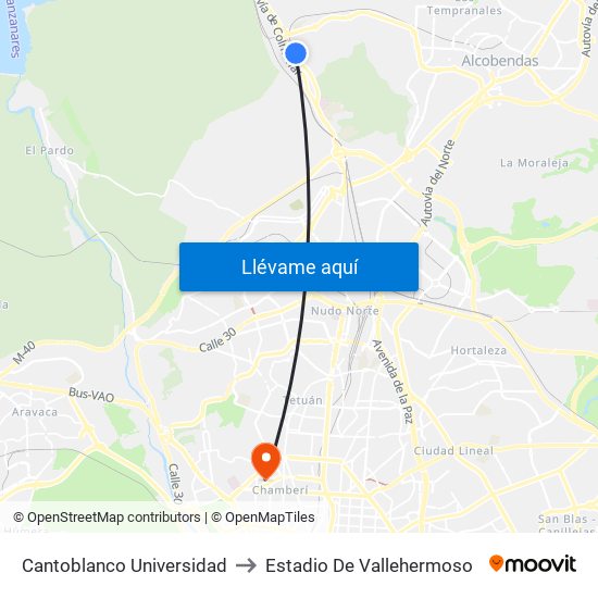 Cantoblanco Universidad to Estadio De Vallehermoso map