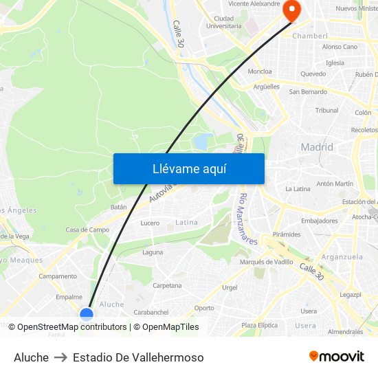 Aluche to Estadio De Vallehermoso map