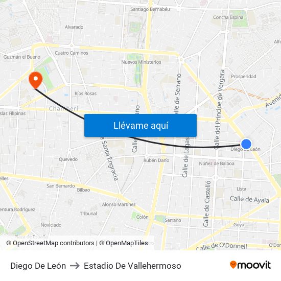 Diego De León to Estadio De Vallehermoso map