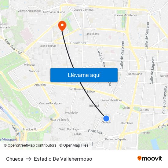 Chueca to Estadio De Vallehermoso map