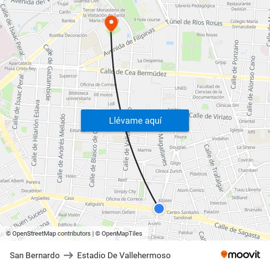 San Bernardo to Estadio De Vallehermoso map