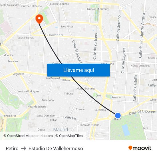 Retiro to Estadio De Vallehermoso map